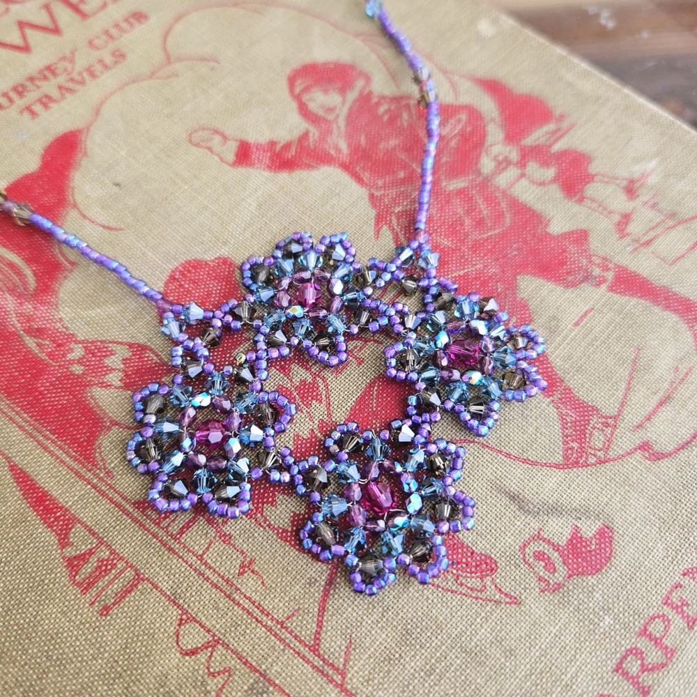 Handmade Y2K Purple Iridescent Beaded Necklace Floral Crystal Statement Clasp
